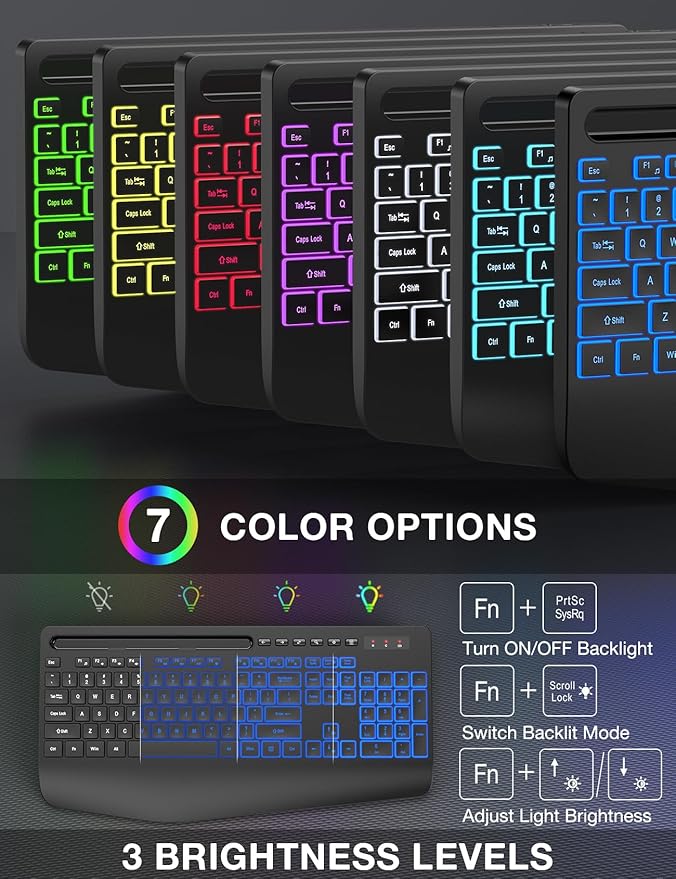 Wireless Keyboard with 8 Colored, 9 Effects Backlits, Wrist Rest, Phone Holder, Rechargeable Ergonomic Computer Keyboard with Silent Keys, 2.4G Lag-Free Cordless Set for PC, Laptop, Windows, MacBook