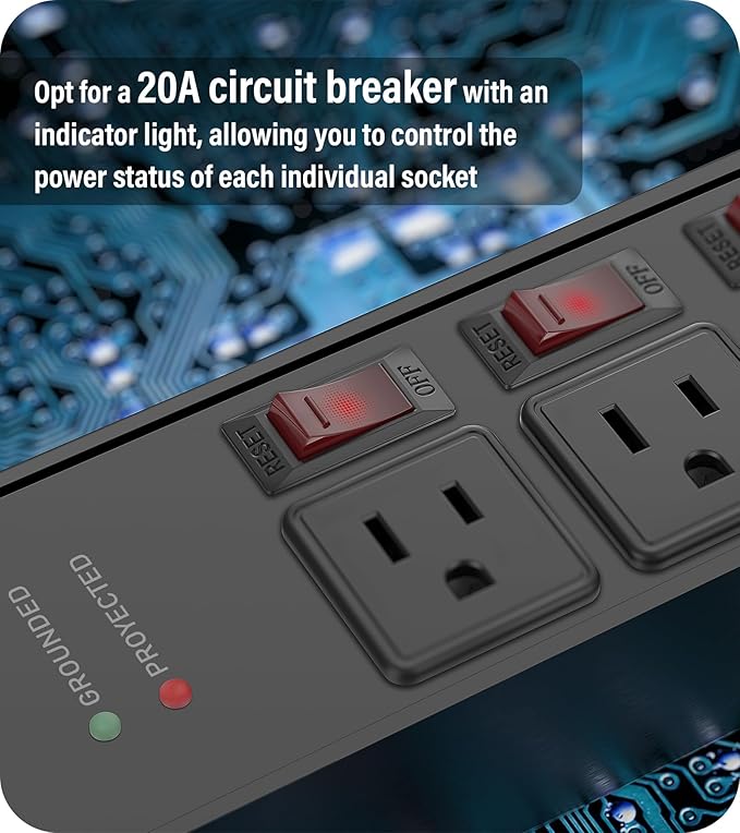 CCCEI 3 Outlet Heavy Duty Surge Protector Power Strip 20 Amp Individual Switches. 12 Gauge Extension Cord, Overload, Ground Protection. Garage Wall Mount Electric Extender, 10FT, Black.