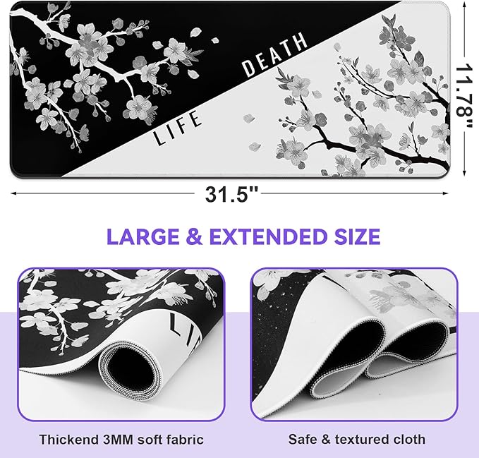 Mouse Pad Gaming Keyboard Pad 31.5 x 11.8 in Gaming Mouse Pad with Anti-Slip Rubber Base and Stitched Edges, Japanese Life Death Keyboard Mat(Black with White Cherry Blossom)