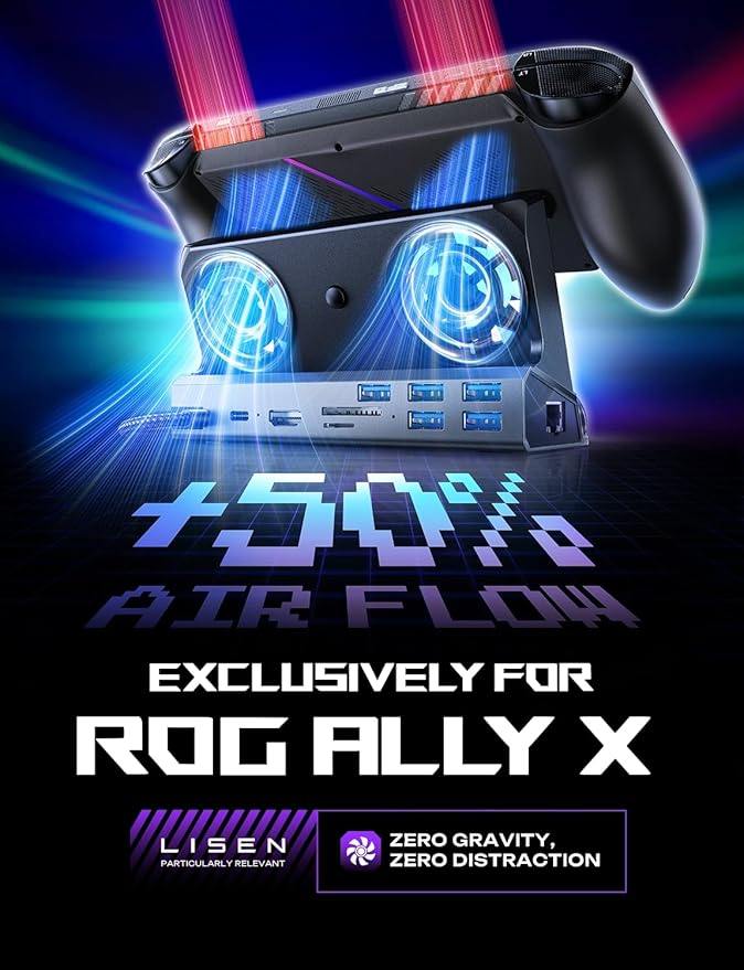 LISEN 10-IN-1 Docking Station for Steam Deck OLED&ROG Ally X&Legion Go, Dual Cooling Fan 5 USB Ports and 4K@60Hz, 100W Charging Port Support ROG Ally 30W Mode, Gigabit Ethernet Fit for Steam Deck OLED
