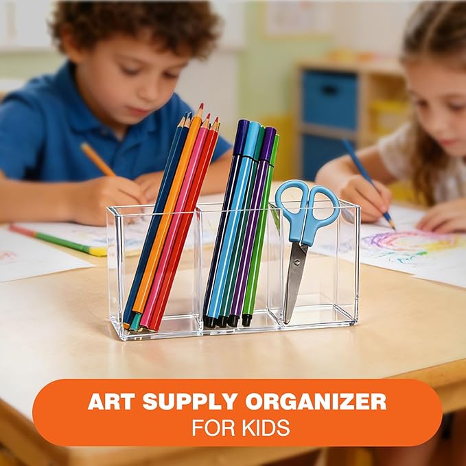 Acrylic Pen Holder for Desk, Plastic Pencil Holder for Desk, Small Desk Organizer for Home, Office, Classroom, Bathroom, Makeup Brush Organizer, Teacher Accessories(Clear)