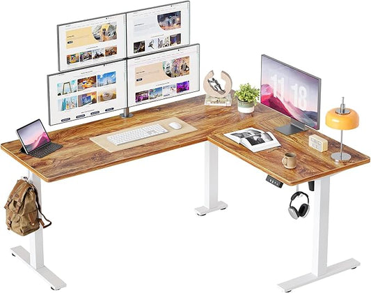 TIQLAB Standing Desk L Shaped, 63x55 Inch Adjustable Height, Electric Stand Up Desk, Corner Sit Stand Desk with Splice Board, Light Rustic Brown