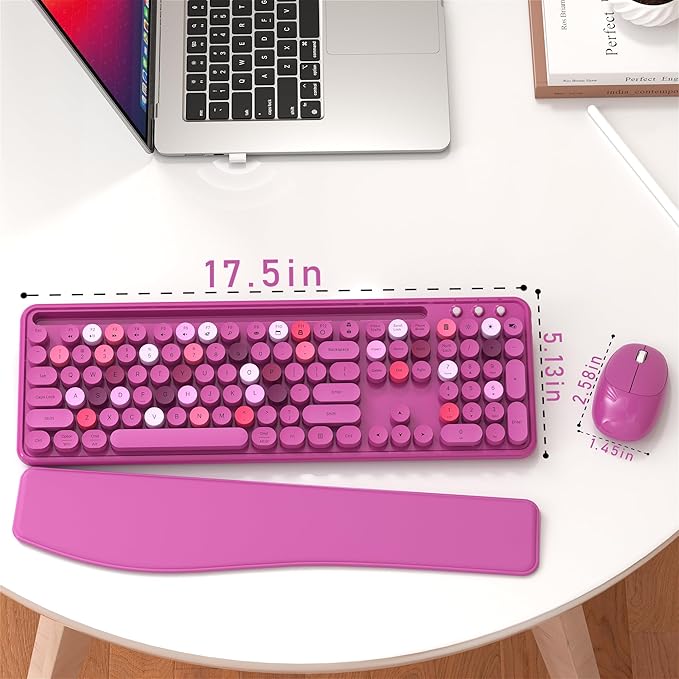 Colorful Wireless Computer Keyboard and Mouse Combo with Phone Holder, Wrist Rest, Typewriter Keys, 2.4GHz Wireless, Full-Sized Optical Mouse for PC and Laptop (Rose-Red)