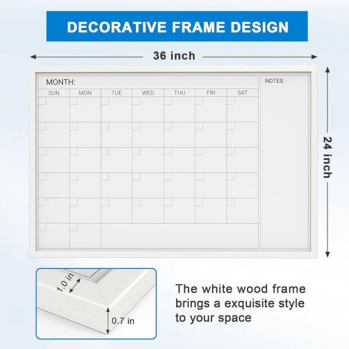 Comix Dry Erase Calendar for Wall, Magnetic Calendar Whiteboard with White Wood Frame, 36 * 24 inches Decorative Monthly Planner Board for Office, School, Home, Kitchen