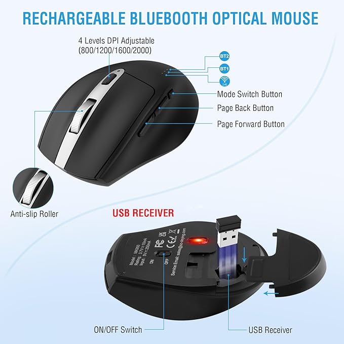 Ergonomic Wireless Keyboard Mouse Combo, EDJO Bluetooth/2.4G Dual Channel, Split Design, Soft Foam Palm Rest, 4 Level DPI Adjustable Wireless Mouse, Rechargeable, for Windows/Mac/Android(Sliver)