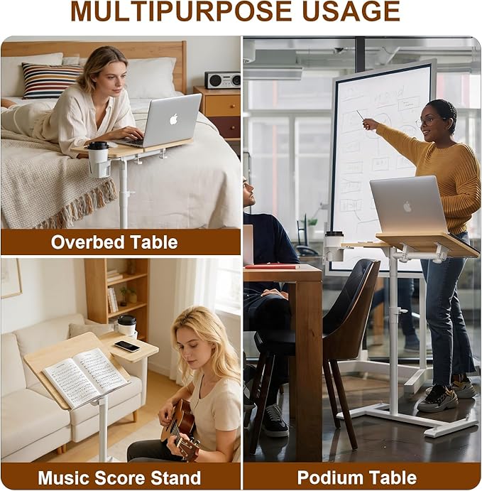 Aothia Small Standing Desk Rolling Table Adjustable Height, Laptop Mobile Stand with Wheels, Overbed Table, Portable Computer Workstation with Tiltable Desktop for Teacher Classroom Home Office, Oak