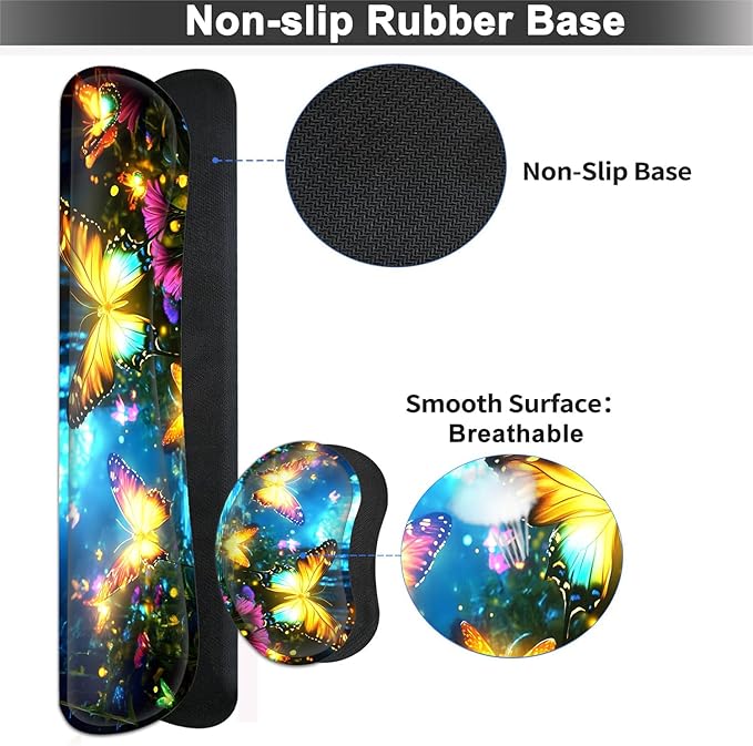 Large Mouse pad and Keyboard Support Set, Ergonomic Memory Foam Keyboard Wrist Rest, Extended Gaming Mouse Pad with Stitched Edges, Neon Butterfly XXL Desk Mat (31.5 X 11.8 in)