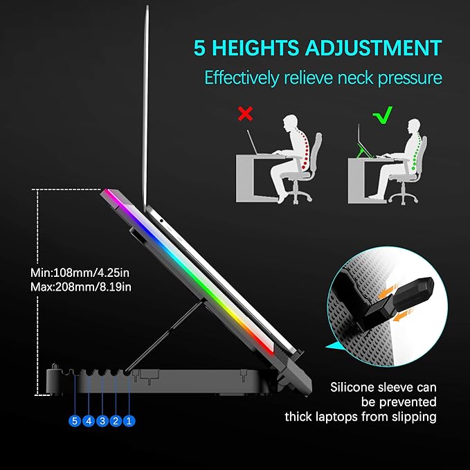 TopMate C11 Laptop Cooling Pad RGB Gaming Notebook Cooler, Laptop Fan Stand Adjustable Height with 6 Quiet Fans and Phone Holder, Computer Chill Mat, for 15.6-17.3 Inch Laptops - Blue LED Light