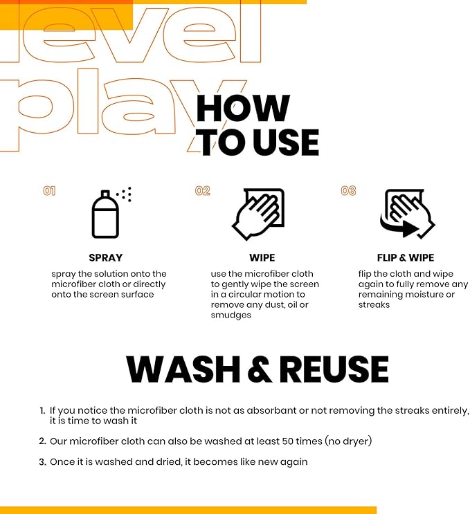 Levelplay Screen Cleaner Kit – Fingerprint-Resistant Touchscreen, Monitor & Lens Cleaner, Alcohol- and Ammonia-Free, Washable Microfiber Wipe (Small), 25 mL (0.85 fl oz) Spray Bottle