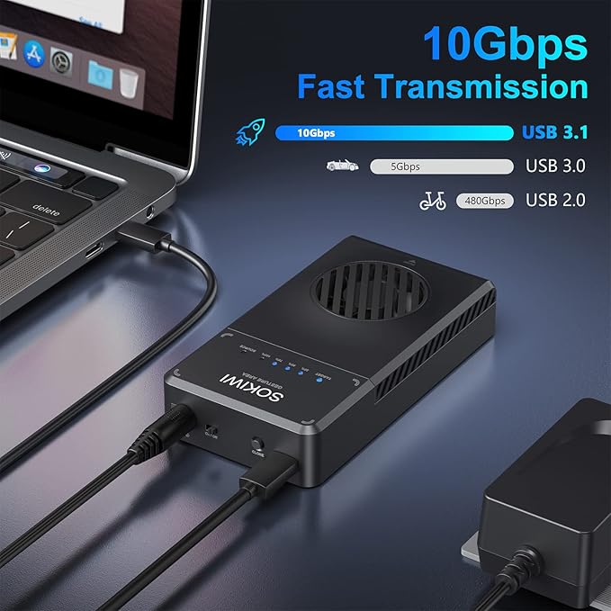 Sokiwi 10Gbps NVMe Docking Station with Cooling Fan - Dual-Bay Offline Clone Tool-Free NVMe M.2 SSD Enclosure for 2230/2242/2260/2280 SSDs (up to 8TB)