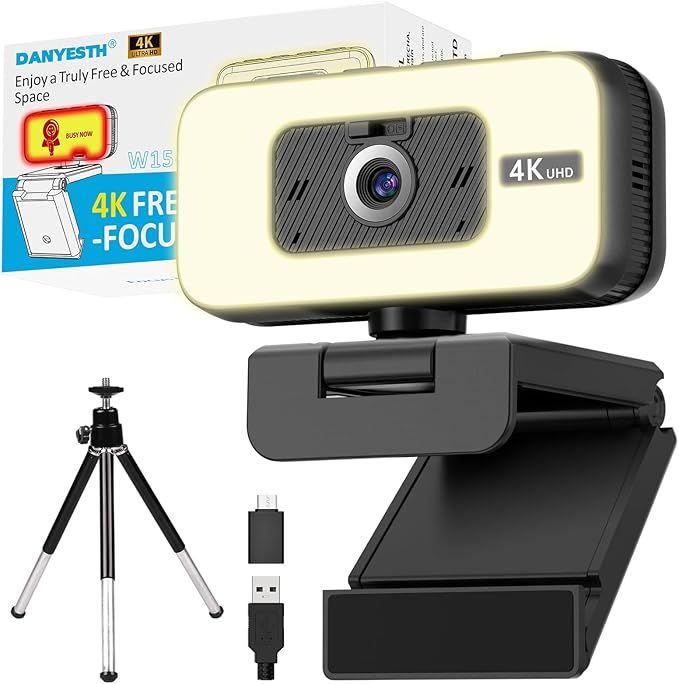 4K Webcam with Light for PC & Laptop & Mac, Computer Camera with AI PDAF AutoFocus, Four Physical Controls Buttons, Adjustable Webcam Light, Privacy Cover for Remote Work