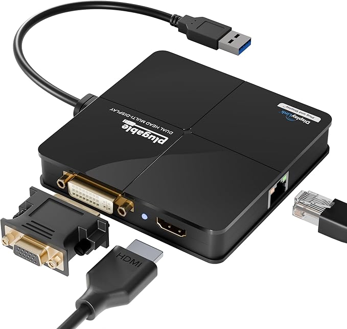 Plugable USB 3.0 Laptop Docking Station – Dual Monitor (HDMI & DVI/VGA), Gigabit Ethernet, Audio, USB Hub - Compatible with Windows & Mac