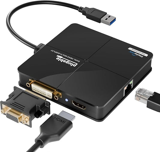 Plugable USB 3.0 Laptop Docking Station – Dual Monitor (HDMI & DVI/VGA), Gigabit Ethernet, Audio, USB Hub - Compatible with Windows & Mac