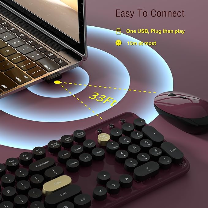 Wireless Keyboard and Mouse Combos, Retro Keyboard and Mouse Wireless Full Size, 2.4Ghz Connection and Optical Mouse for Windows, Mac, PC, Laptop for Home and Office (Burgundy-Black)