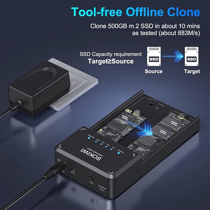 Sokiwi 10Gbps NVMe Docking Station with Cooling Fan - Dual-Bay Offline Clone Tool-Free NVMe M.2 SSD Enclosure for 2230/2242/2260/2280 SSDs (up to 8TB)