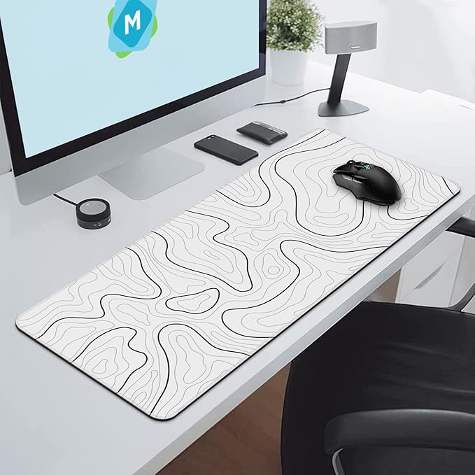 Mouse Pad Gaming Mousepad 31.5 x 11.8 in Large Mouse Pad for Keyboard and Mouse with Anti-Slip Rubber Base, Keyboard Pad XL Mouse Mat for Home and Office(White with Black Topographic Line)
