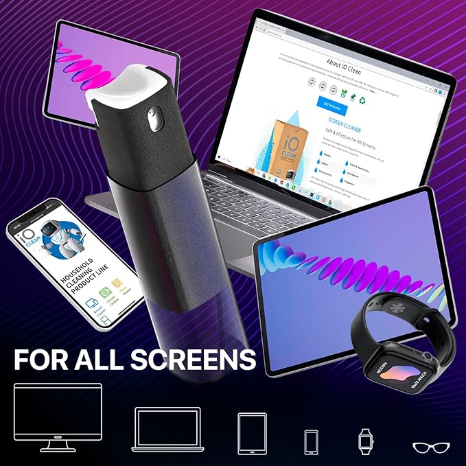 Mini Screen Cleaner Spray – Finger Proof Screen Cleaner for Smartphones, iPads, MacBooks, Laptops, Car Screens, Touchscreens – 3in1 Mist Cleaner, Microfiber Cloth and Protective Cover -Purple