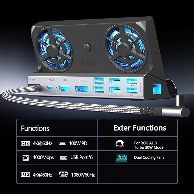 14-in-1 Steam Deck Docking Stationfor Steam Deck/Rog Ally/Switch/Legion Go Dual Cooling Fans 4K@60Hz,1080P 6 USB Ports,1000Mbps, 100W Type C Charing,DP1.2,40Gbps Adapter