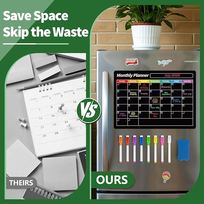 FINDMAG Magnetic Dry Erase Board, 16.5"x11.8" Magnetic Calendar for Planner 2026, Fridge White Board, Monthly Calendar for Fridge with 6 Markers & Eraser for Cleaning Schedule and Checklist