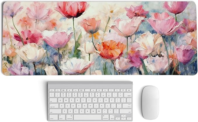Pink Spring Tulip Floral Mouse Pad,Summer Flower Mouse Pads,Aesthetic Romantic Flower Desk Mat,Elegant Botanical Cottagecore Floral Desk Mat for Home Office Dorm Desktop Decor,31.5x11.8 Inch