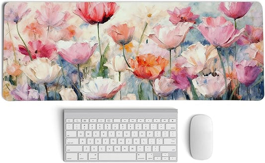 Pink Spring Tulip Floral Mouse Pad,Summer Flower Mouse Pads,Aesthetic Romantic Flower Desk Mat,Elegant Botanical Cottagecore Floral Desk Mat for Home Office Dorm Desktop Decor,31.5x11.8 Inch