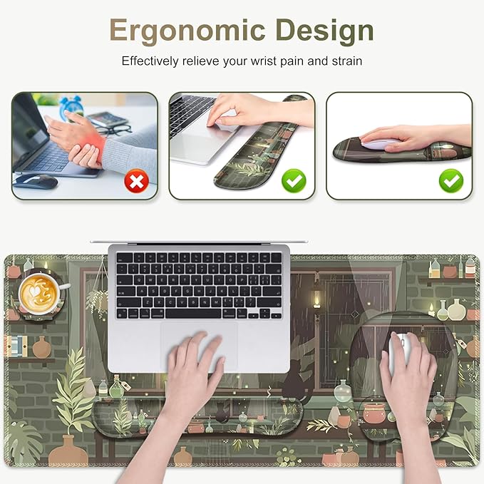 Aesthetics Large Mouse Pad with Wrist Support 4 in1 Set, XXL Big Game Mousepad + Keyboard Wrist Rest + Mouse Wrist Rest Pad +Coaster Gaming Mat for Home Office Computer I Green Plants and Black Cat