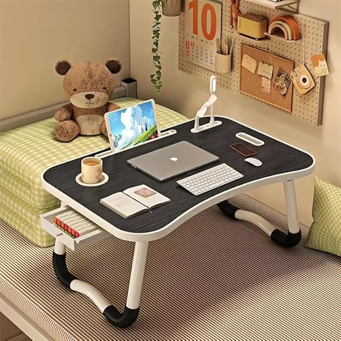 Portable Foldable Laptop Bed Table with 3 Port USB, Storage Drawer and Cup Holder, Laptop Desk Stand Tray for Eating, Reading and Working (Black)