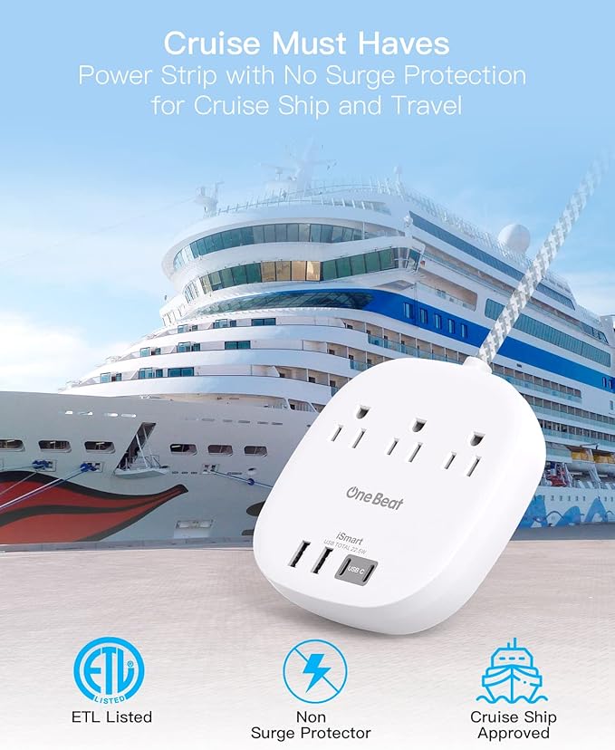 15ft Flat Plug Power Strip, Ultra Flat Extension Cord - 3 Outlets 4 USB Ports (2 USB C) 22.5W/4.5A Desktop Charging Station, Power Strip No Surge Protection for Cruise Ship Dorm Room Travel Essentials