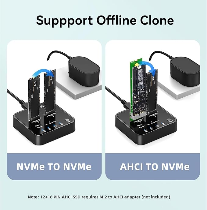 Rosewill M.2 NVMe Cloner + Eraser, M.2 Duplicator Dual Bay NVMe Enclosure, Tool-Free 20Gbps USB3.2 Gen 2X2 SSD to USB Adapter M.2 Docking Station for M Key PCIE NVMe SSD Reader, Offline Clone & Erase