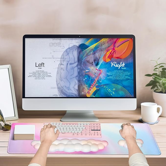 JIKIOU Large Cloud Mouse Pad Waterproof with Cloud Keyboard Wrist Pad and Cloud Mouse Wrist Pad Set, Ergonomic Computer Desk Wrist Support Mousepad for Keyboard and Mouse Rainbow 31.5x11.8in