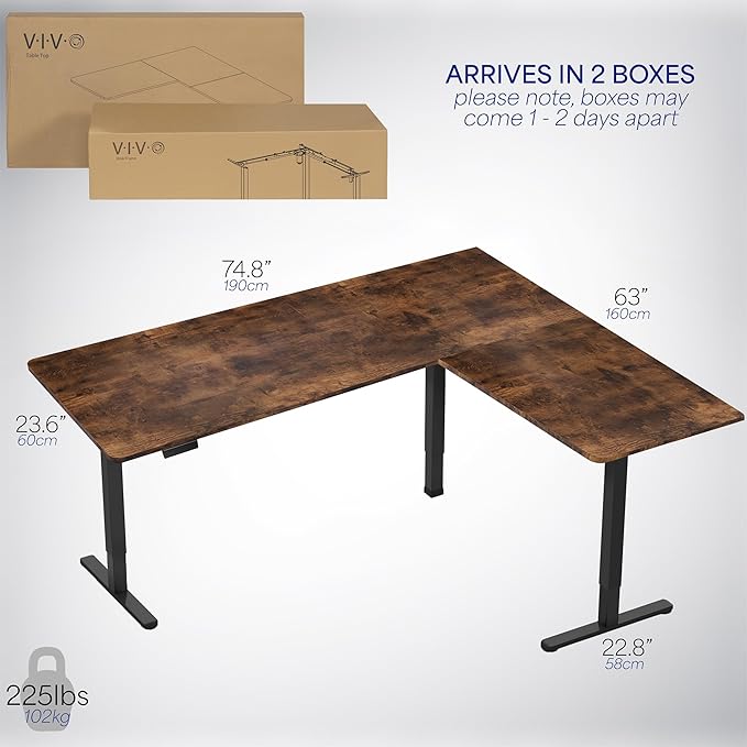 VIVO Corner Standing Desk, 75 x 63 inch Reversible L-Shaped Workstation, Electric Height Adjustment, Home, Office, and Reception Rooms, Rustic Vintage Brown Table Top Black Frame, DESK-E3CTN-75