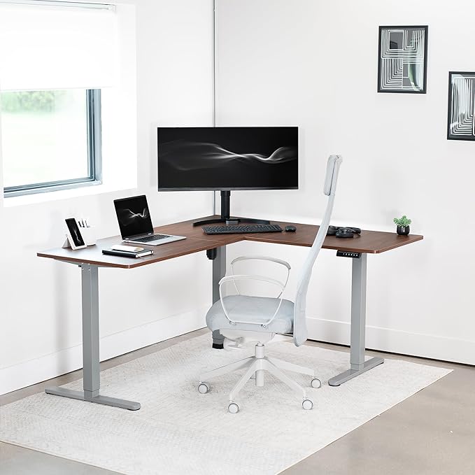 VIVO Corner Standing Desk, 63 x 55 inch Reversible L-Shaped Workstation, Electric Height Adjustment, Home, Office, and Reception Rooms, Dark Walnut Table Top Gray Frame, DESK-E3CTGD