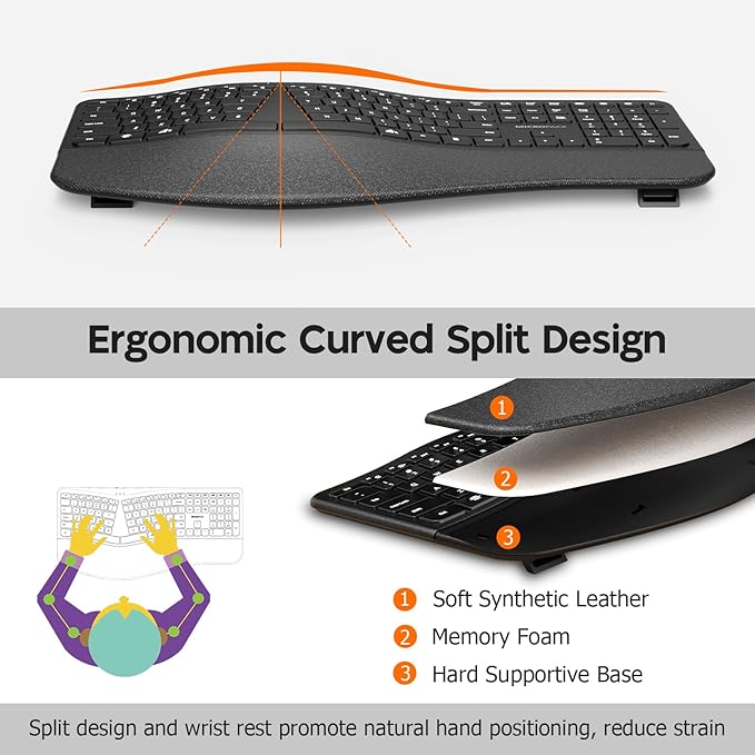 Micropack Wireless Ergonomic Split Keyboard with Cushioned Wrist Rest, Bluetooth & 2.4G Multi-Device Keyboard, USB-C Rechargeable, Quiet Scissor Switch for Mac, Windows & Office