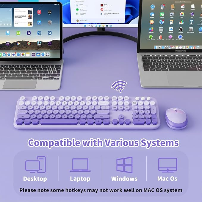 Wireless Keyboard and Mouse Combo, 2.4GHZ Typewriter Retro Full Size Keyboards, Cute Colorful Computer Keyboard and Wireless Mouse for Laptop/Desktop/Windows/PC (Purple Gradient)