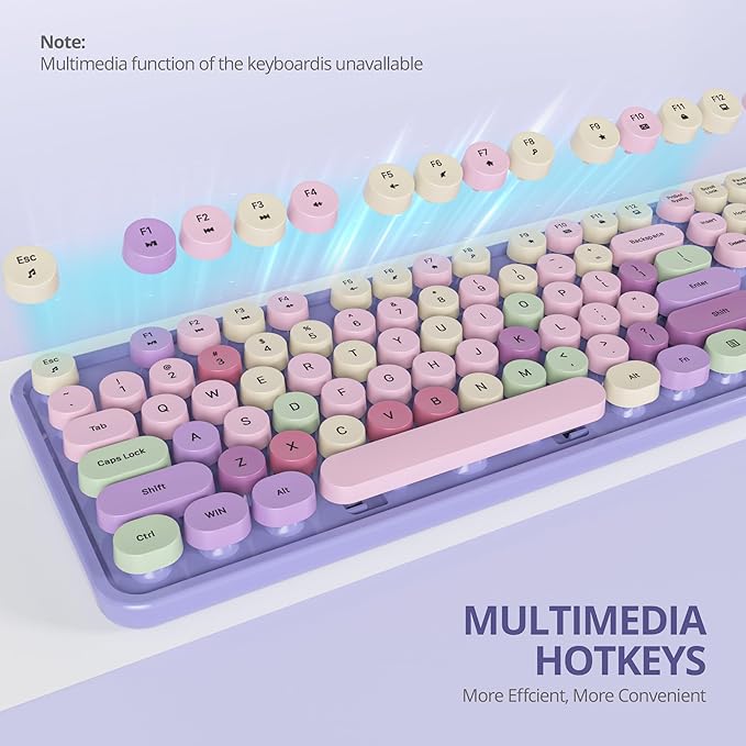 Purple Keyboard and Mouse Combo Wireless, 2.4G Full Size 104-Key Retro Typewriter Keyboards Round Keys for Students Teenagers Home Office PC Laptop(Colorful Purple)