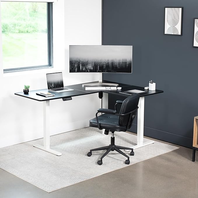 VIVO Corner Standing Desk, 63 x 47 inch Reversible L-Shaped Workstation, Electric Height Adjustment, Home, Office, and Reception Rooms, Black Table Top White Frame, DESK-E3CTWB-47