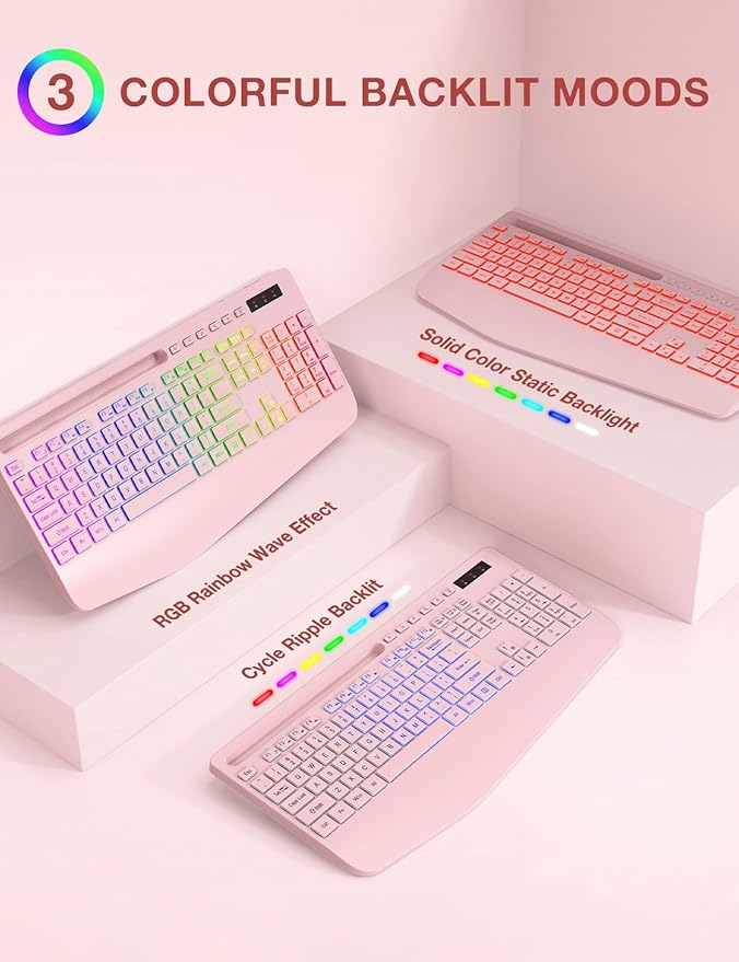 Wireless Keyboard and Mouse Combo, 9 Backlit Effects, Wrist Rest, Phone Holder, 2.4G Lag-Free Ergonomic Keyboards, KM22 MAX Rechargeable Silent Set for Computer, Laptop, Mac, Windows -SABLUTE（Pink）