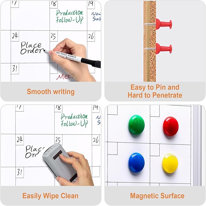 Comix Dry Erase Calendar Whiteboard Corkboard Combo, 24 * 18 inch Monthly Calendar and Bulletin Board Combination for wall, Aluminum Frame Planner with Dry Erase Markers, Magnets, Push Pins