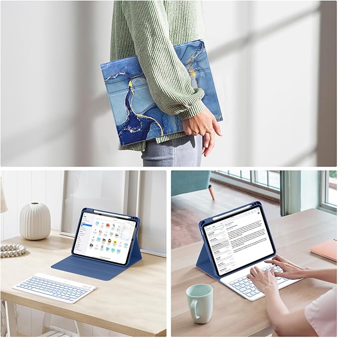 Soke for iPad (A16) 11th/10th Generation Case with Keyboard(2025/2022)-7 Color Backlight Wireless Detachable Folio Keyboard Cover with Built-in Pencil Holder for iPad 11/10.9 inch, Ocean Marble