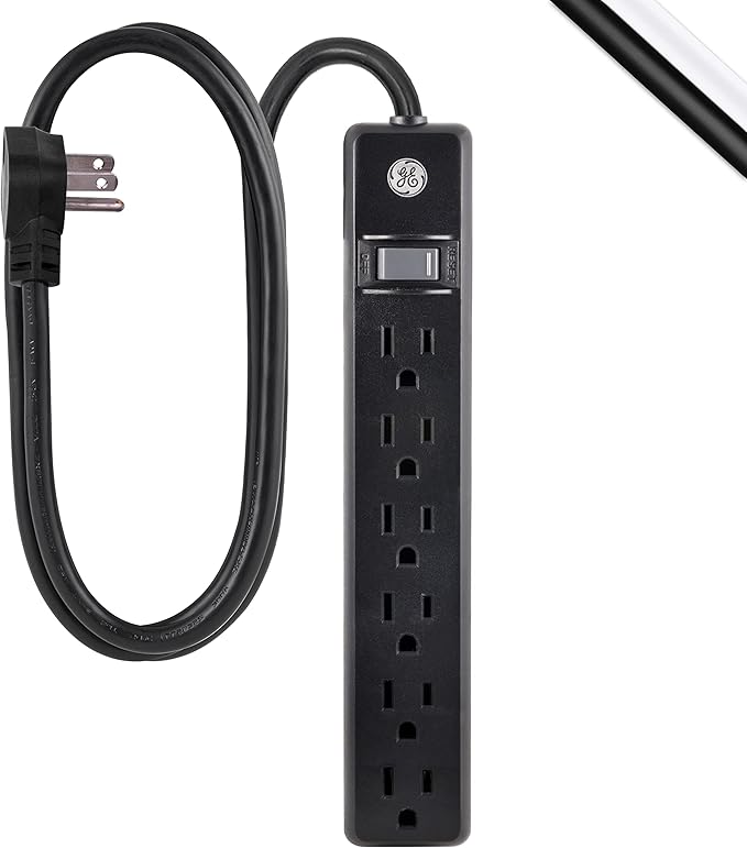 GE 6-Outlet Power Strip, 7 Ft Power Cord, Flat Plug, 3 Prong Outlet, UL Listed, Black