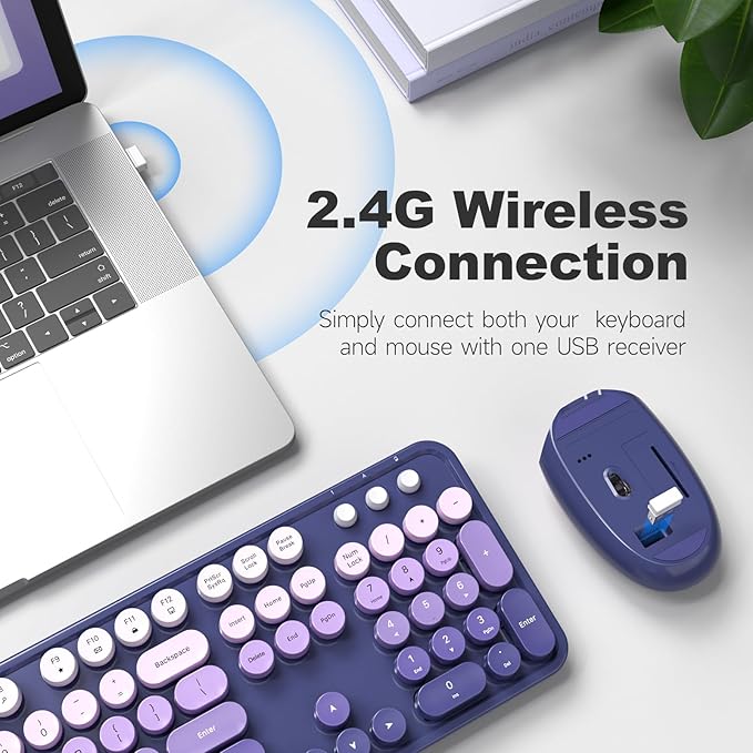 Wireless Keyboard and Mouse Combo, MOWUX Full Size Typewriter Retro Round Computer Keyboard, Cute Optical Mouse Wireless, Plug and Play, for Laptop, PC, Computer- Purple Gradient