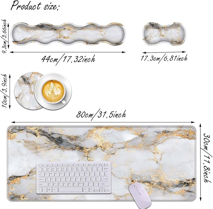 Keyboard Wrist Rest and Mouse Pad Wrist Support Set,Ergonomic Memory Foam Wrist Pad & Non Slip Base for Home Office Working Studying Easy Typing,White Gold Marble