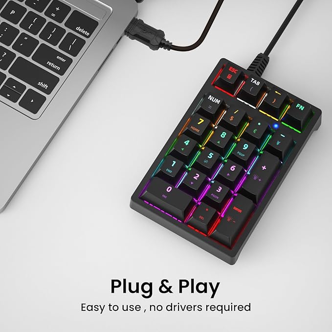 Gurjot Number Pad, Mechanical USB Wired Numeric Keypad with Color Backlit 21 Key Numpad for Laptop Desktop Computer PC Black (Blue Switches)
