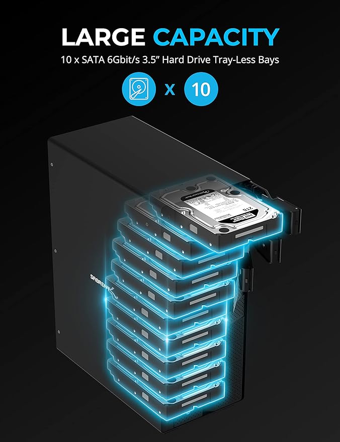 SABRENT 10-Bay USB 3.2 Gen 2 SATA Docking Station for 3.5” HDD/SSD, 10 Gbps USB-C DAS, Tray-Less Hot-Swap, Aluminum Enclosure, Dual Cooling Fans, Individual Power Switches, No RAID (DS-UCTB)