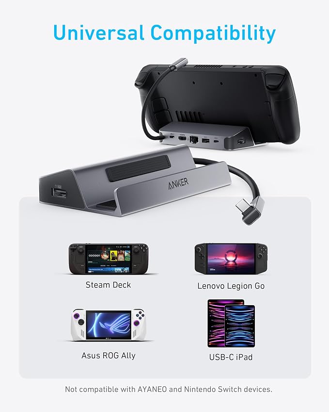 Anker Steam Deck Dock, Docking Station for Steam Deck (OLED)/ROG Ally/Legion Go, 6-in-1 USB C Hub with HDMI 4K@60Hz, 1Gbps Ethernet, 2 USB-A and 1 USB-C Port, 90W Fast Charging (Not for Rog Ally X)