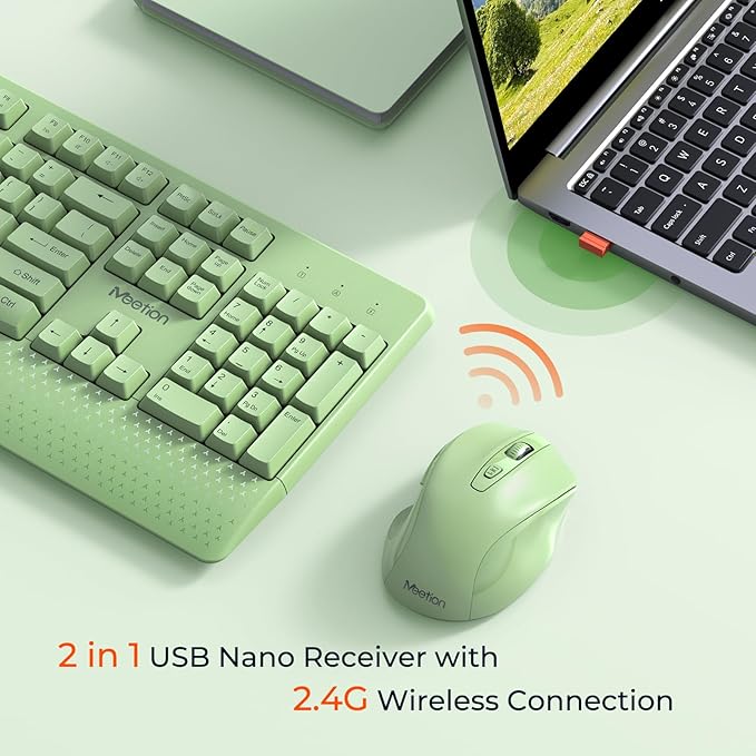 MEETION Wireless Keyboard and Mouse, Full-Sized Cordless Keyboard with Wrist Rest and 3 DPI Adjustable Mouse, 2.4G Wireless, Compatible with PC/Computer/Laptop/Windows/Mac, Green