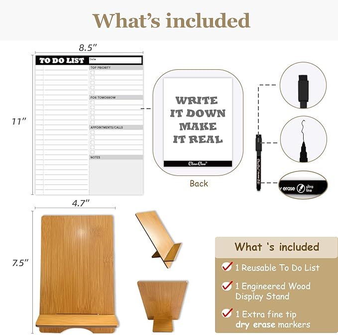 Dry Erase Desk Planning Board - Reusable Desktop Daily Planning Board, Work to-do List - 11"x8.5" Tabletop Dry Erase Board with Stand - Marker Included