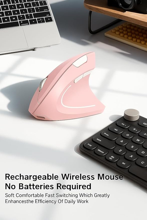 Ergonomic Vertical Wireless Mouse Stylish Rechargeable 2.4G Optical Mice Cordless Mouse with USB Receiver, 800/1200 /1600 DPI, 5 Buttons for Laptop,PC,Mac,Computer (Pink)