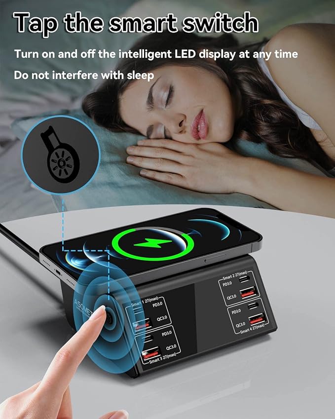 USB Charger, ASOMETECH 100W 8 Port Multiple USB Charging Station with 4 Quick Charge 3.0, 4 USB C PD Port, Wireless Charger, LCD Display Fast Charging Hub for iPhone 13 12 iPad Samsung and More