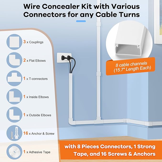 126in Cord Hider Kit (8 x L15.7in), ZhiYo Wire Hiders for TV on Wall, Paintable Cable Management Kit, Wire Cover for Wall Mount TV, Grey Cable Raceway, Cord Cover Wall Wire Management, W1.18in H0.67in